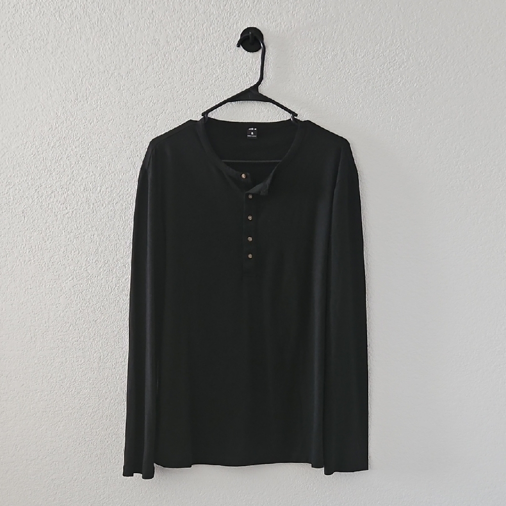 SHEIN Men's Long Sleeve Crew Neck Half Button Up Shirt XL Black Brown Buttons